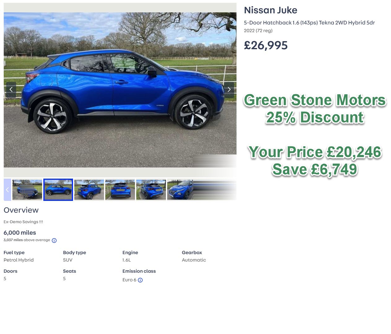 Nissan Juke 5-Door Hatchback 1.6 (143ps) Tekna 2WD Hybrid 5dr 2022 (72 reg)