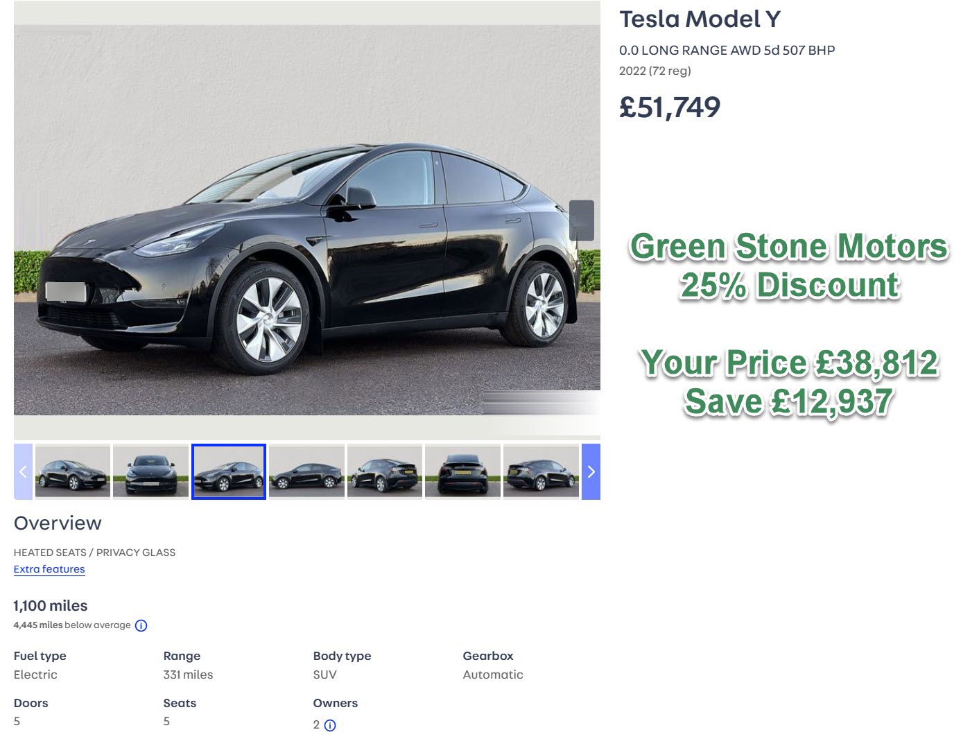 Tesla Model Y 0.0 LONG RANGE AWD 5d 507 BHP 2022 (72 reg)