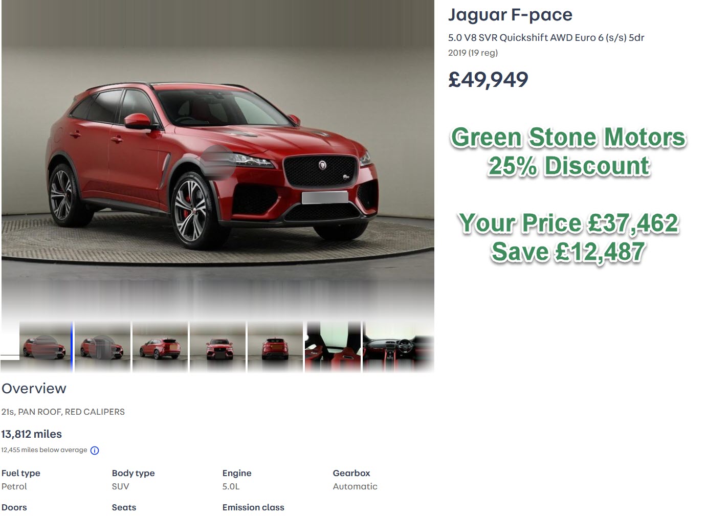 Jaguar F-pace 5.0 V8 SVR Quickshift AWD Euro 6 (s/s) 5dr 2019 (19 reg)