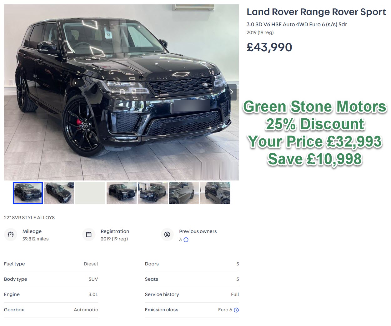 Land Rover Range Rover Sport 3.0 SD V6 HSE Auto 4WD Euro 6 (s/s) 5dr 2019 (19 reg)